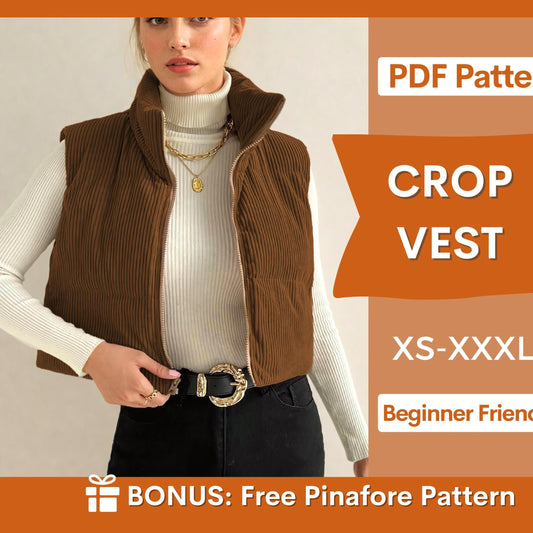 Crop Puffer Vest Sewing Pattern | Winter Coat Vest for Women