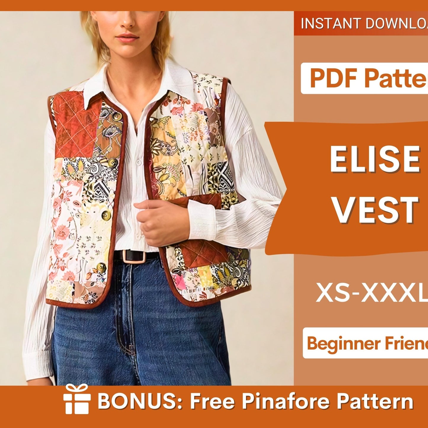 Quilted Vest Sewing Pattern - Front Tie Patchwork Style